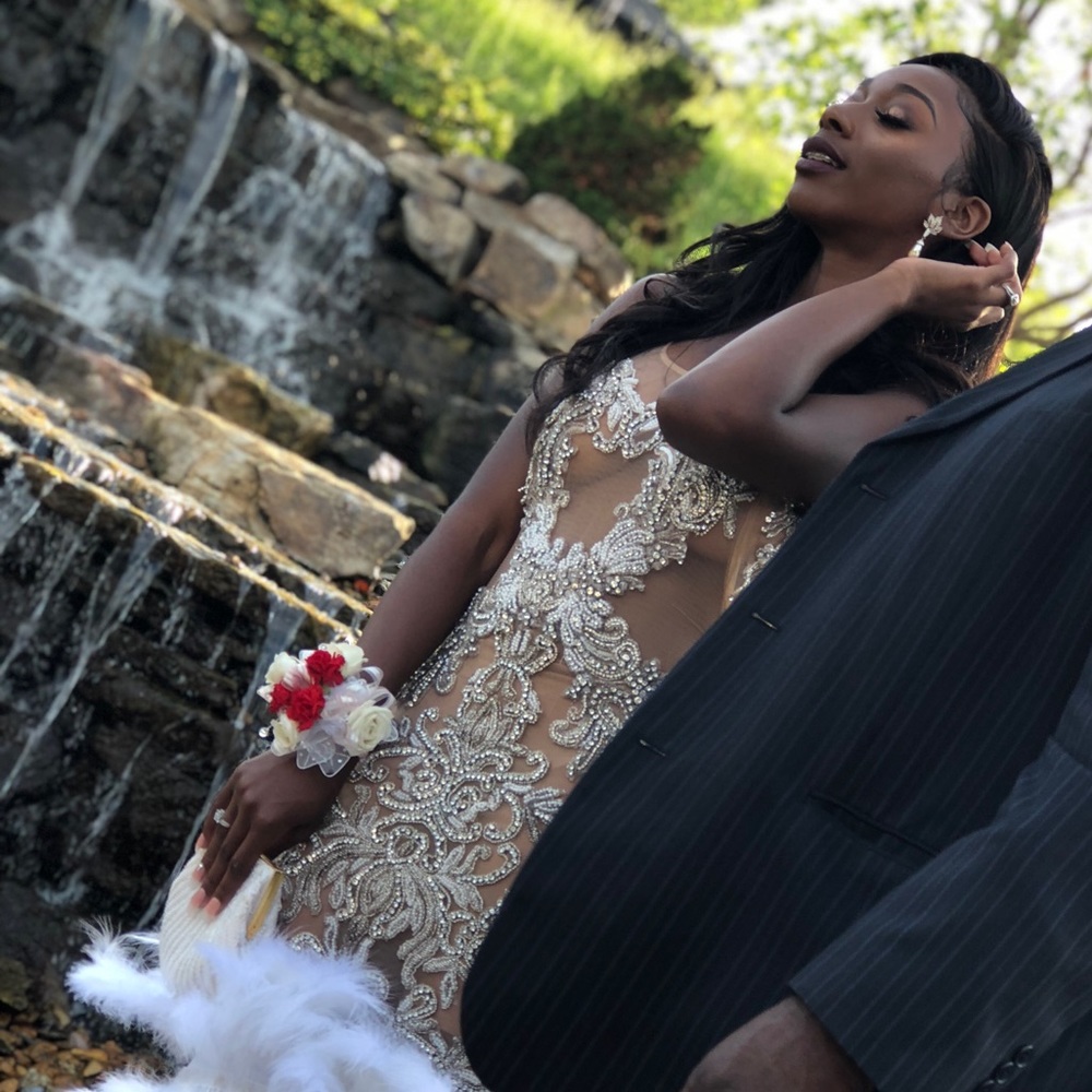 Crystal Nude Sheer Prom Dress with Feather Train - Picture 2 of 2